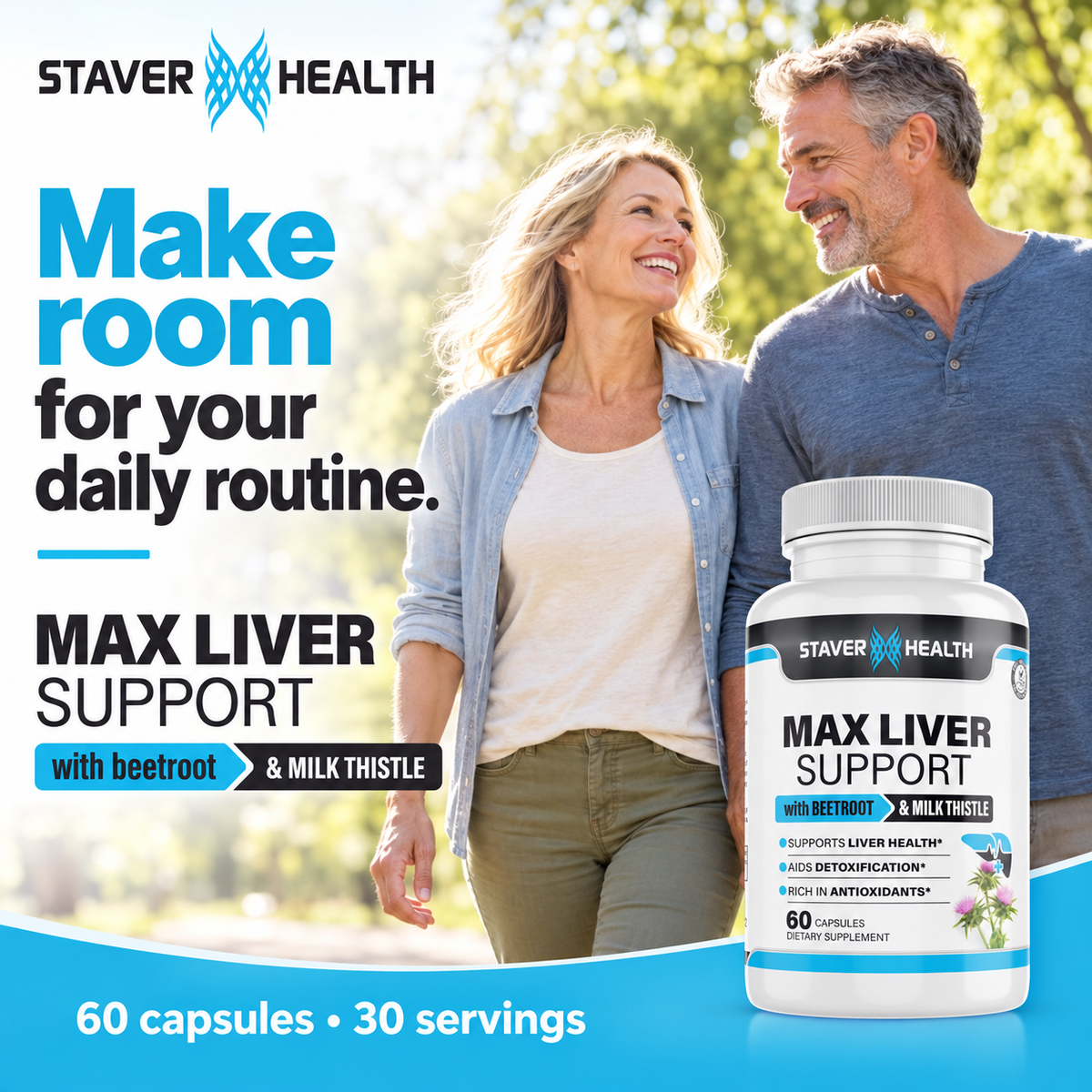 Max Liver Support bottle with a couple outdoors.