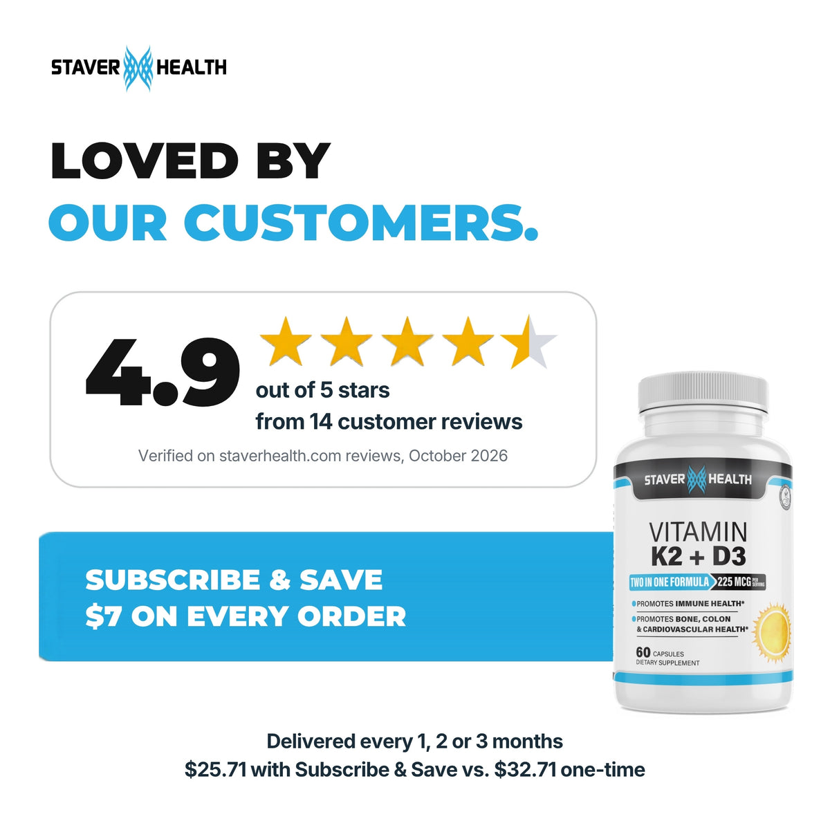 Vitamin K2 + D3 rated 4.9 out of 5 stars from 14 reviews, with Subscribe & Save $7 offer and bottle