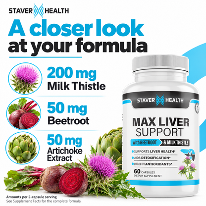 Milk thistle 200 mg, beetroot 50 mg and artichoke extract 50 mg per two-capsule serving.