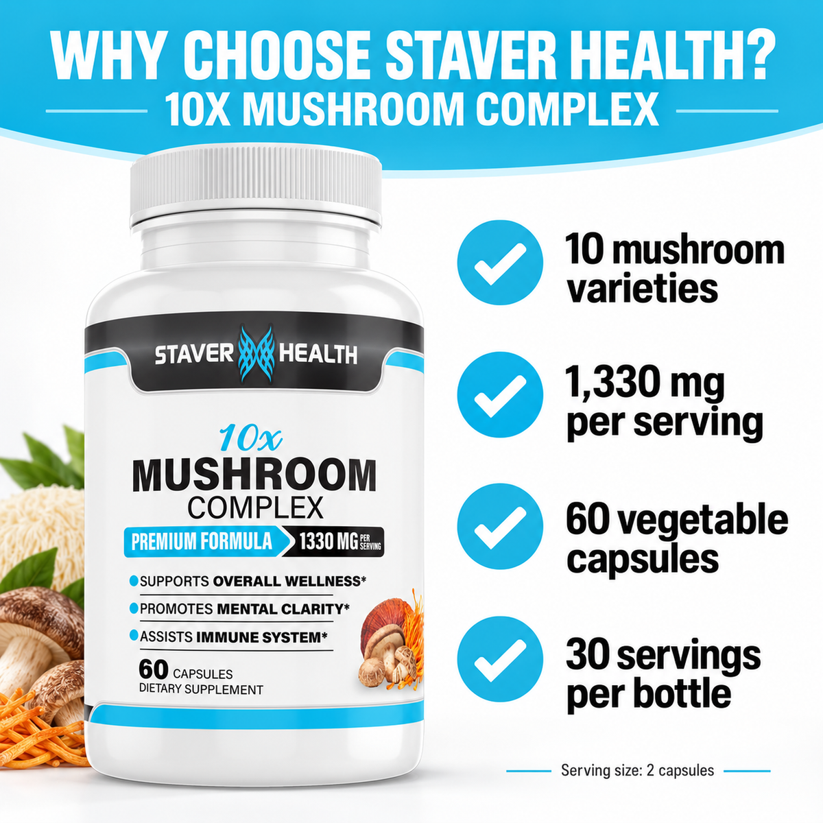 Staver Health 10X Mushroom Complex — product highlights