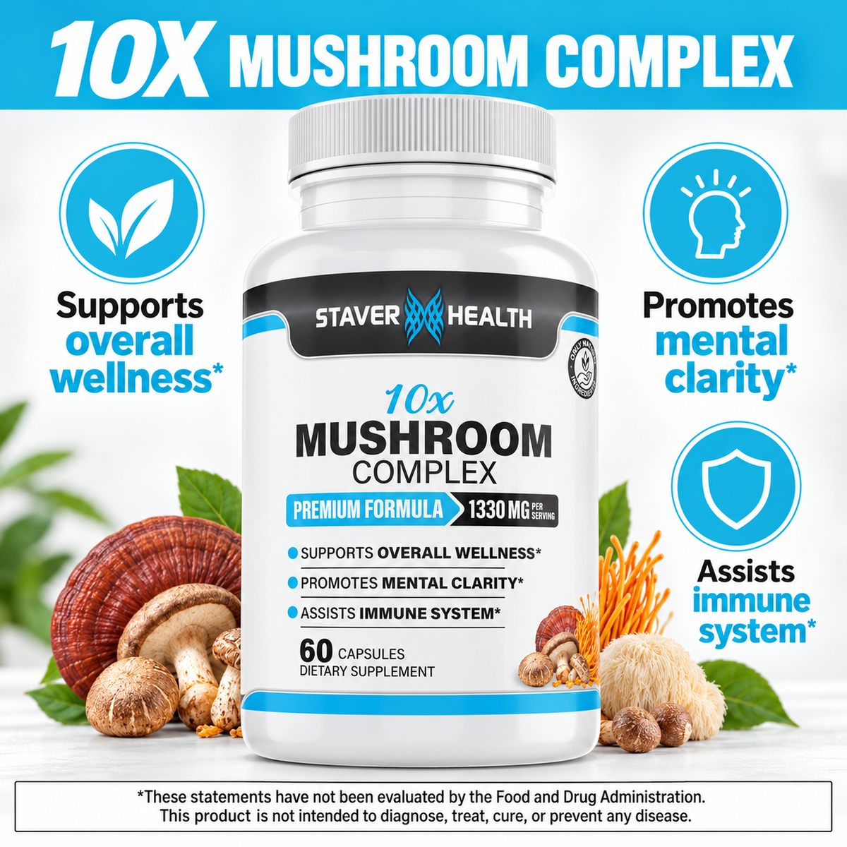 Staver Health 10X Mushroom Complex — benefits bottle