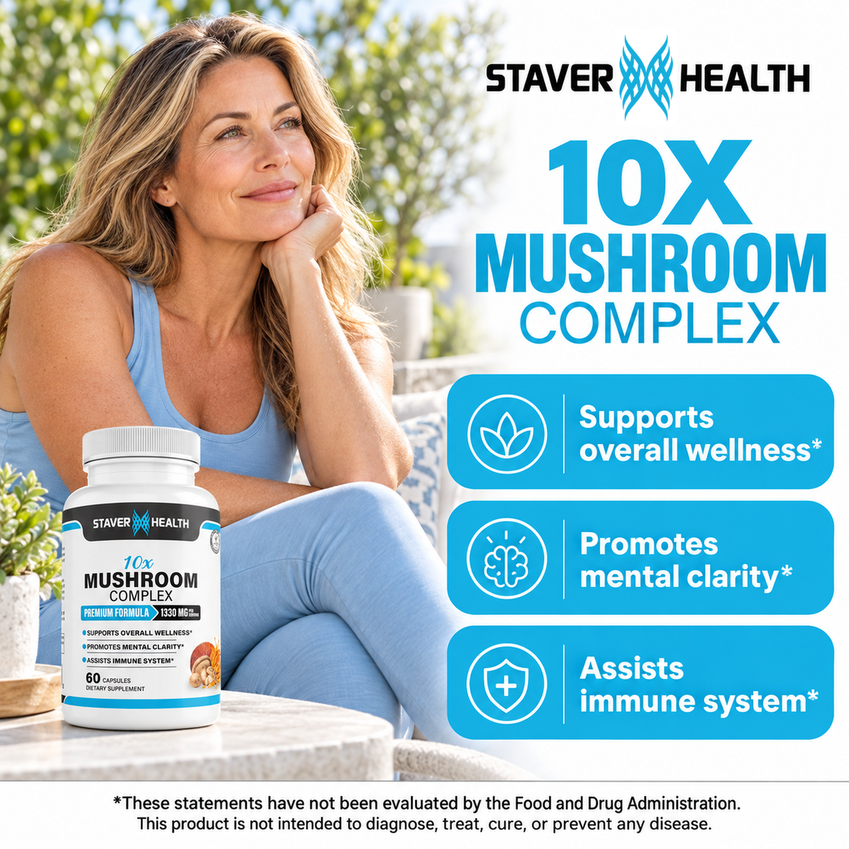 Staver Health 10X Mushroom Complex — benefits lifestyle corrected logo