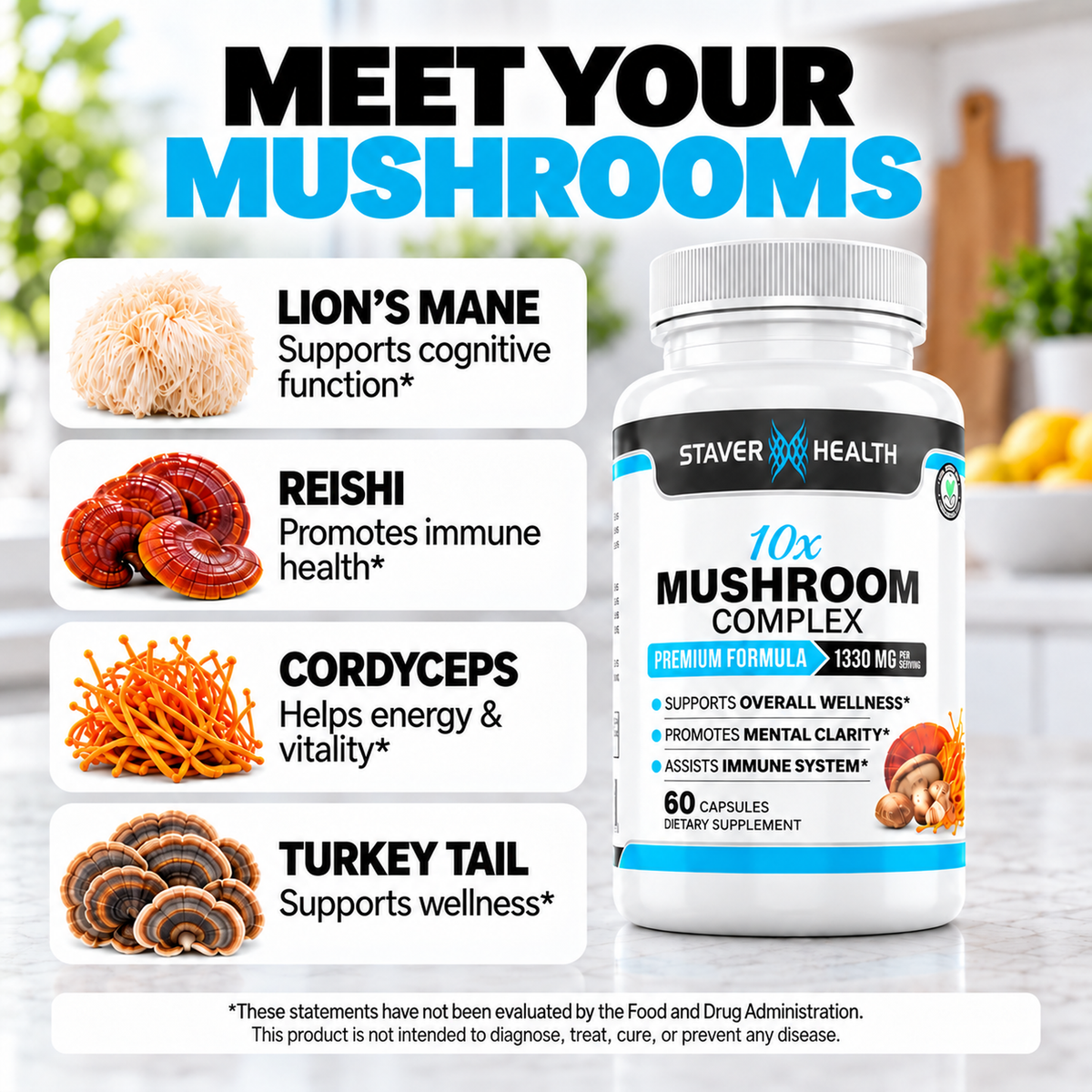 Staver Health 10X Mushroom Complex — four mushroom benefits