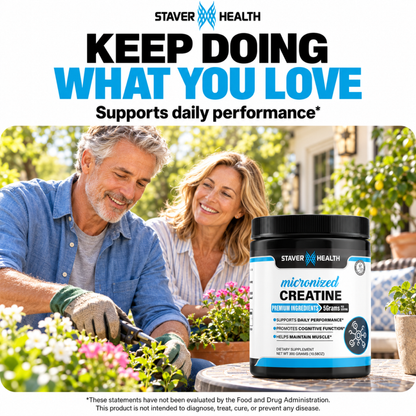 Staver Health Creatine supports daily performance, with mature adults gardening