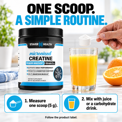 How to use Staver Health Creatine: mix one scoop, 5 g, with juice or a carbohydrate drink