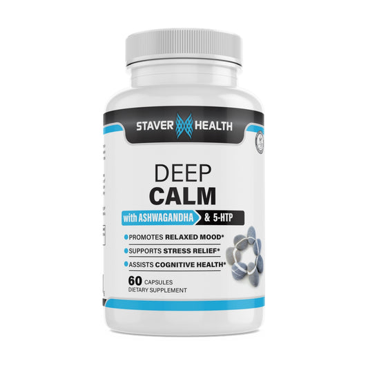 Staver Health Deep Calm bottle with ashwagandha and 5-HTP, 60 capsules, on a white background