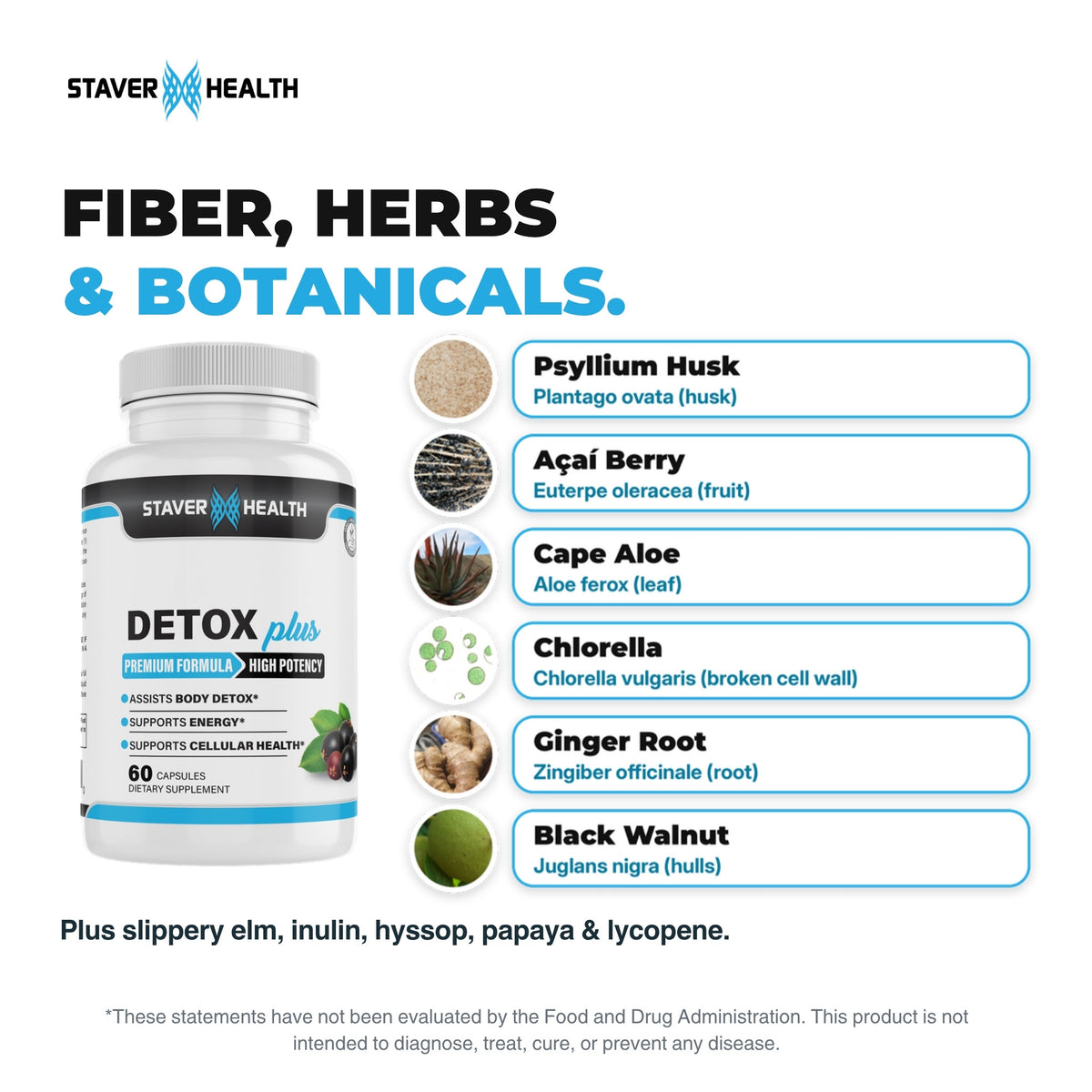 Detox Plus bottle beside labeled psyllium husk, acai berry, cape aloe, chlorella, ginger root and black walnut