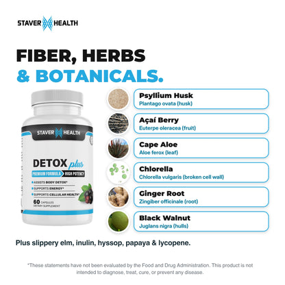 Detox Plus bottle beside labeled psyllium husk, acai berry, cape aloe, chlorella, ginger root and black walnut