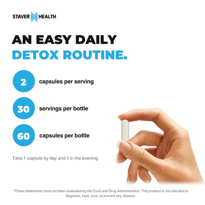 Hand holding one capsule, with 2 capsules per serving, 30 servings and 60 capsules per bottle