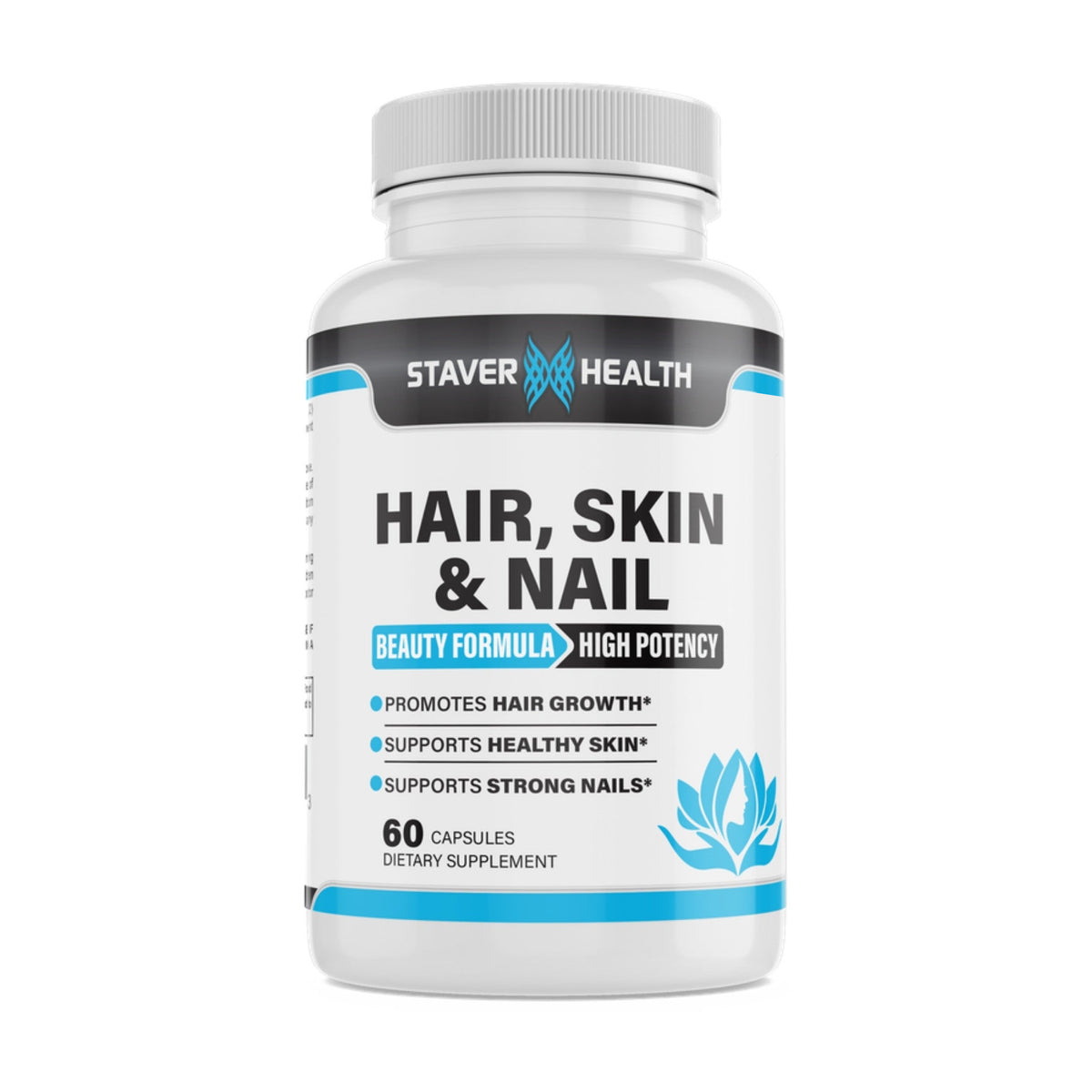 Staver Health Hair, Skin & Nail beauty formula bottle, high potency, 60 capsules, on a white background