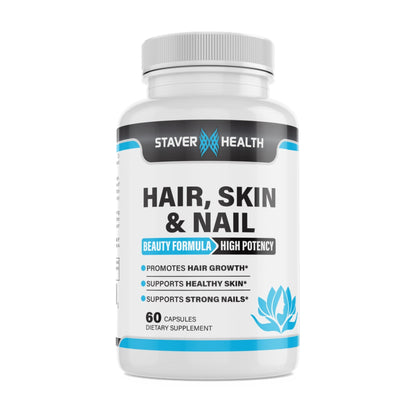Staver Health Hair, Skin & Nail beauty formula bottle, high potency, 60 capsules, on a white background