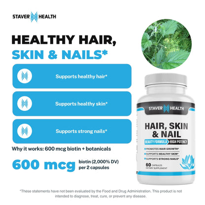 Hair, Skin & Nail bottle with nettle leaves, three benefit statements and 600 mcg biotin per 2 capsules