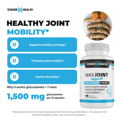 Max Joint Support bottle with turmeric roots, three benefit statements and 1,500 mg glucosamine per 3 capsules