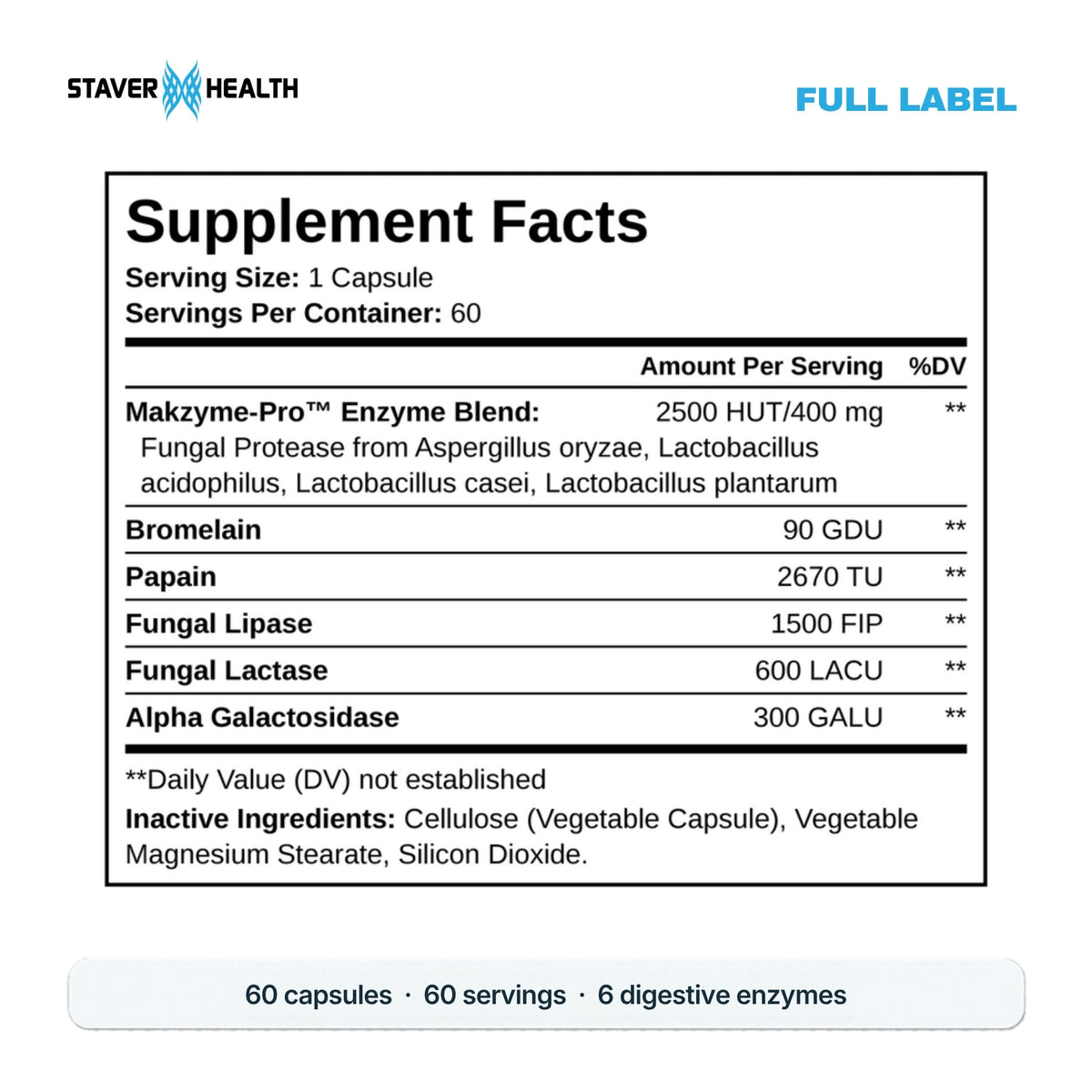 Super Digestive Enzymes Supplement Facts: 1 capsule, 60 servings, Makzyme-Pro enzyme blend, bromelain, papain, lipase, lactase and alpha galactosidase