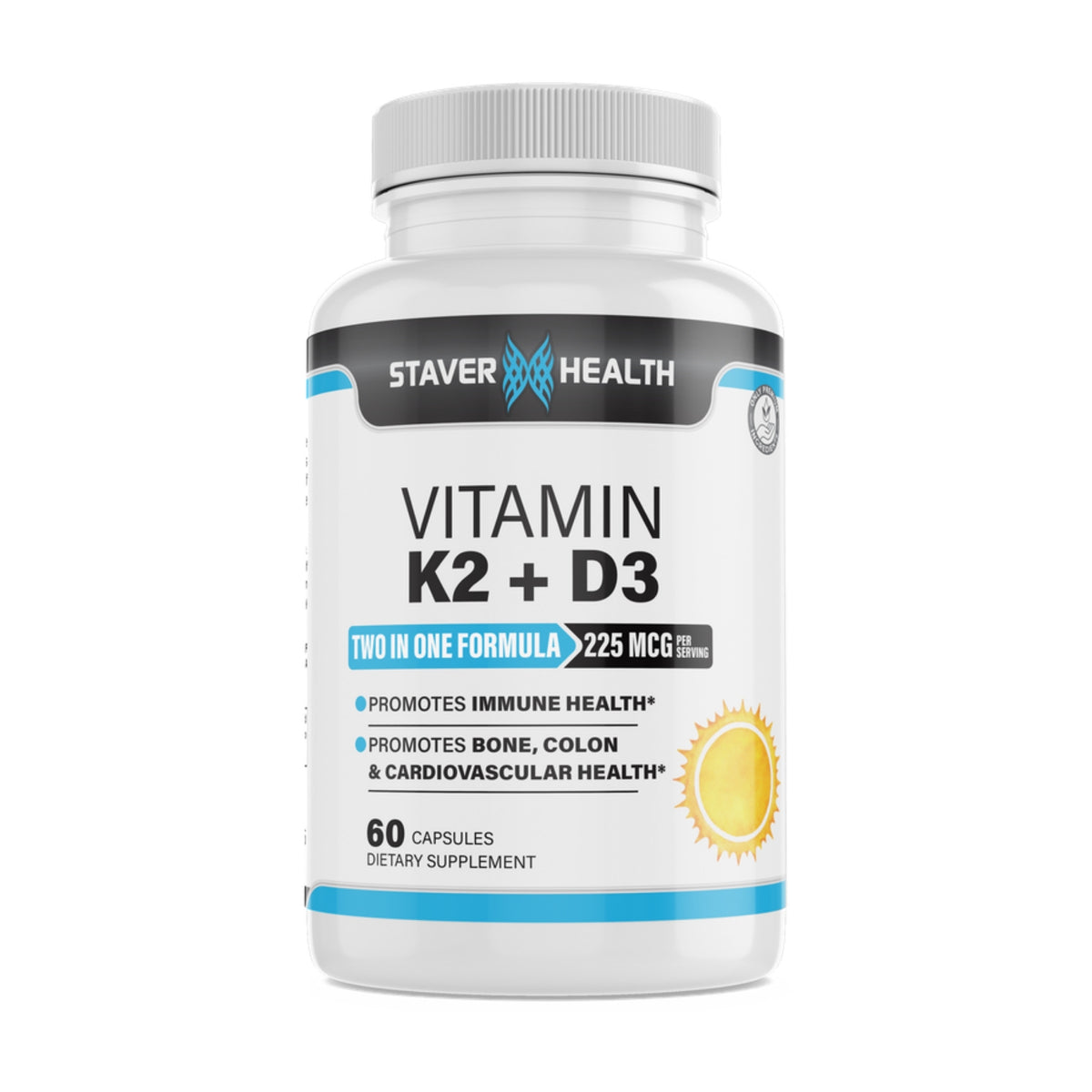 Staver Health Vitamin K2 + D3 bottle, 60 capsules, on a white background