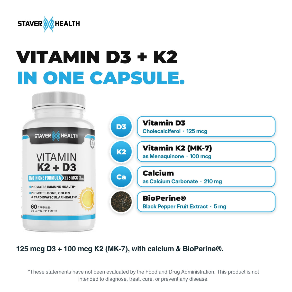 Vitamin K2 + D3 bottle beside labeled vitamin D3, vitamin K2 (MK-7), calcium and BioPerine