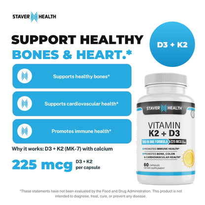 Vitamin K2 + D3 bottle with three benefit statements and 225 mcg D3 + K2 per capsule