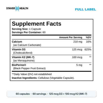 Vitamin K2 + D3 Supplement Facts: 1 capsule, 60 servings, D3, K2 (MK-7), calcium, BioPerine