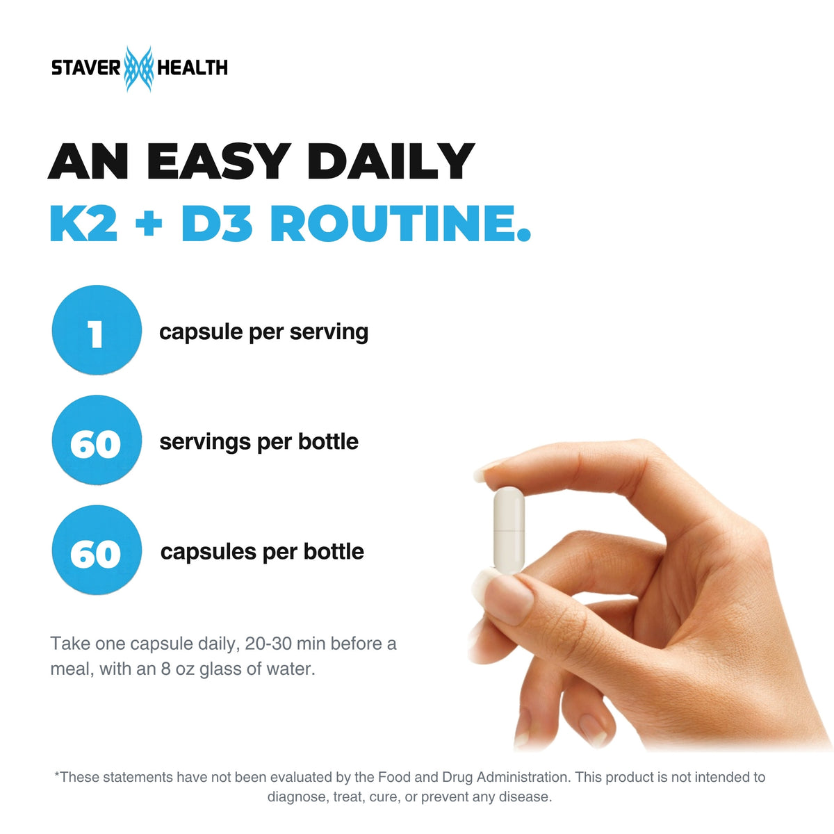 Hand holding one capsule, with 1 capsule per serving, 60 servings and 60 capsules per bottle