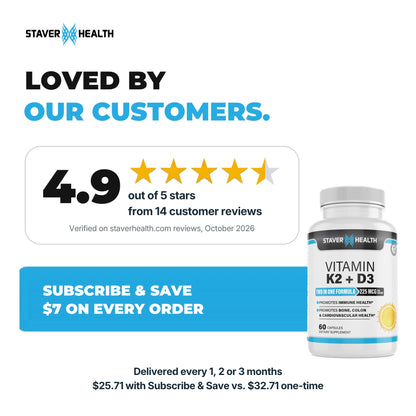 Vitamin K2 + D3 rated 4.9 out of 5 stars from 14 reviews, with Subscribe & Save $7 offer and bottle